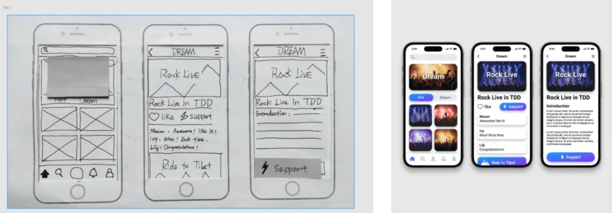 Wireframe to app UI design transformation by Nano Banana Pro